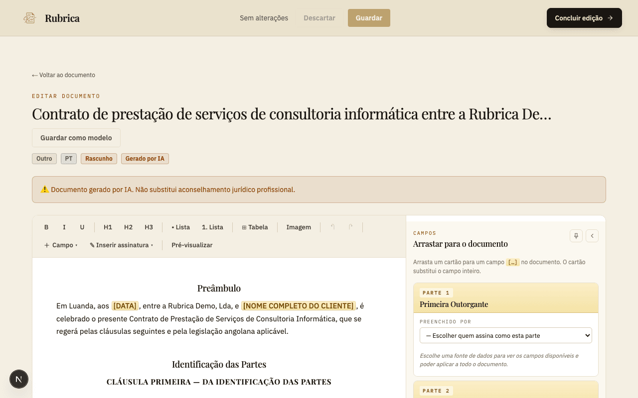 O editor da Rubrica com um contrato gerado por IA e o aviso de revisão visível, captura do produto